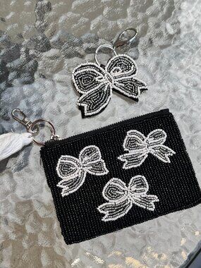 VIRAL Black Bow Beaded Bag Pouch + Beaded Bow Key Chain/Bag Charm